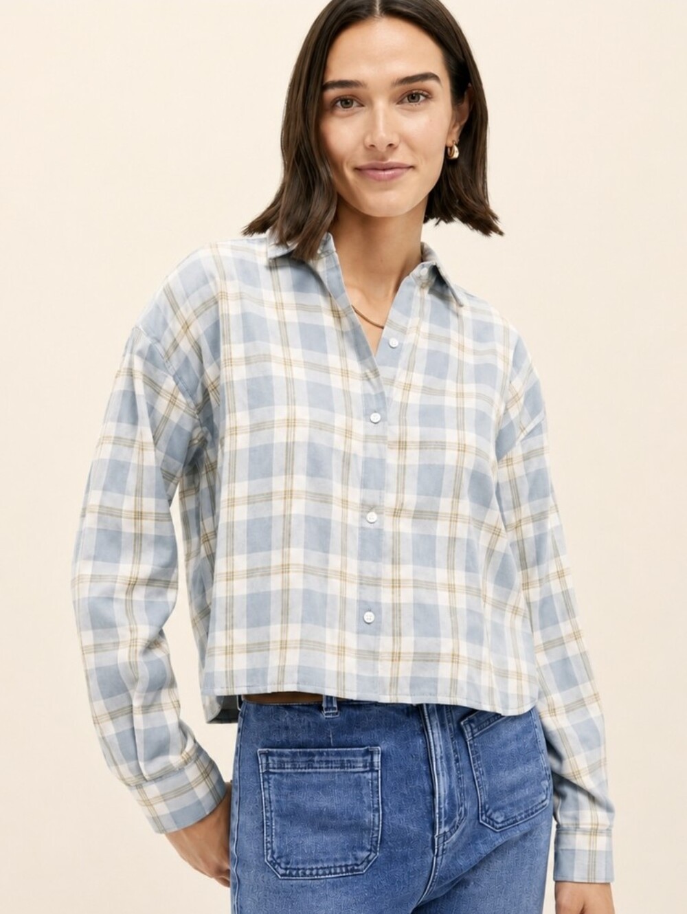 Tuckernuck Jasper Cropped Flannel Shirt Button Down Blue Plaid Women's Sz XL